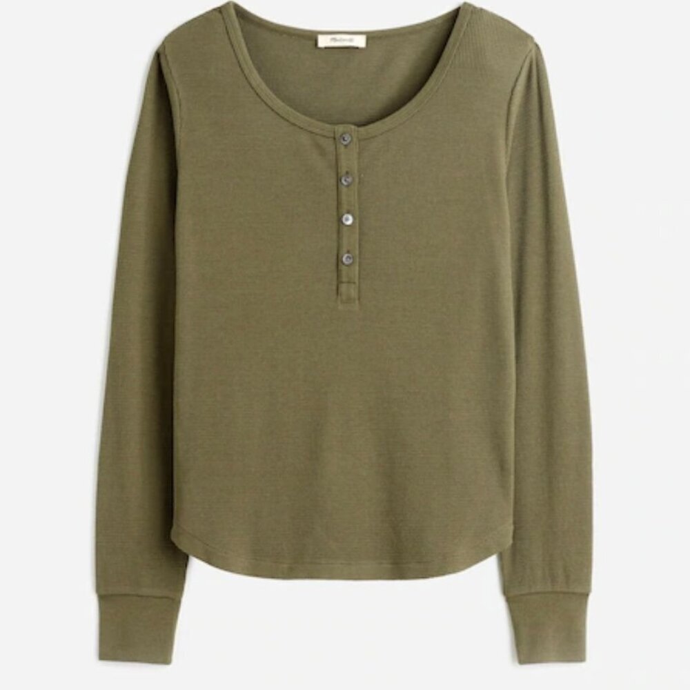 Nwt Madewell Olive Green Waffle-Knit Scoopneck Henley Tee - Xxs